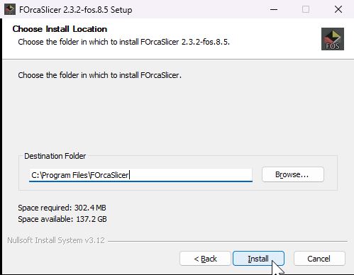FOrcaSlicer installer path selection