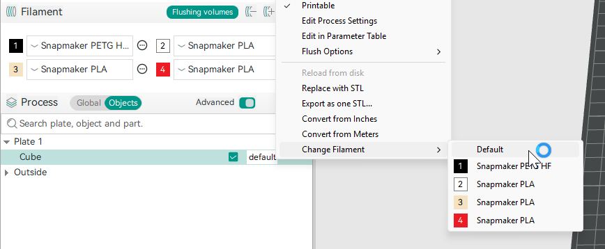 Changing an object's default filament