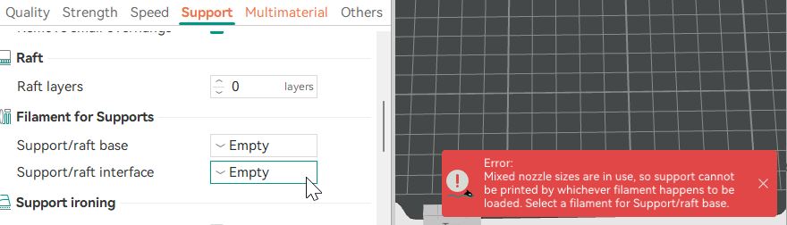 Empty support base and interface filament error
