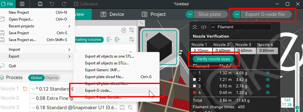 Export G-code file button gated by verify