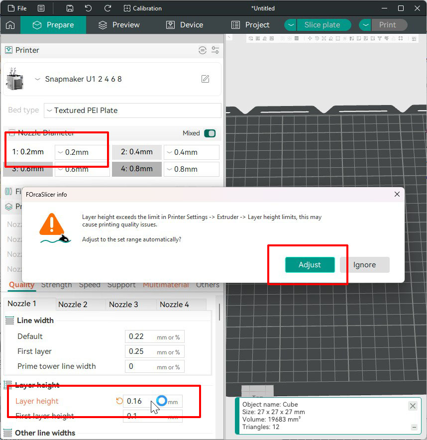 Entering a layer height value