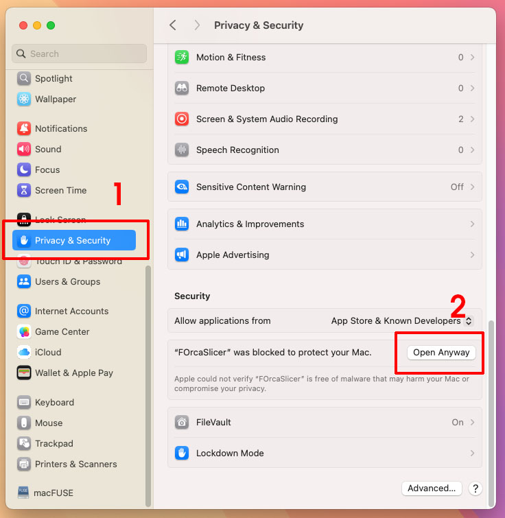 macOS System Settings - Privacy & Security, Open Anyway