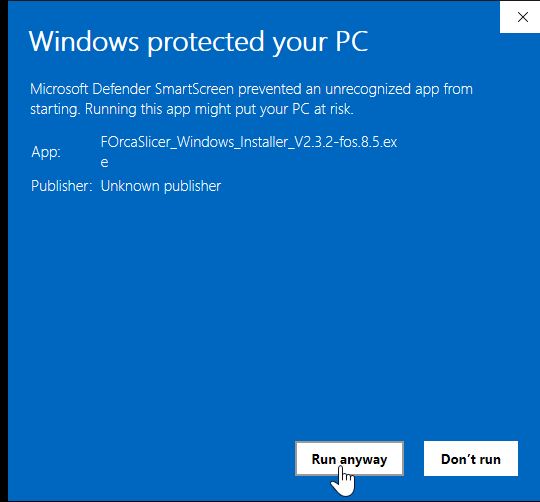 Windows Defender warning on the FOrcaSlicer installer