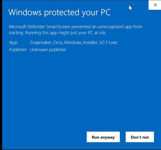 Windows Defender warning on the Snapmaker Orca installer