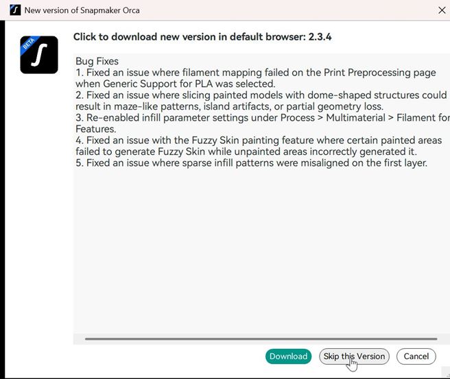 New version of Snapmaker Orca prompt