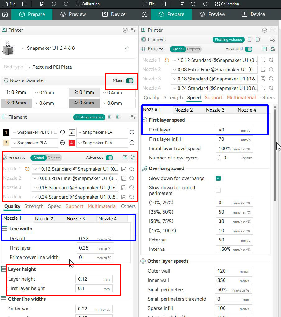 Per-nozzle process preset, line width and speed settings