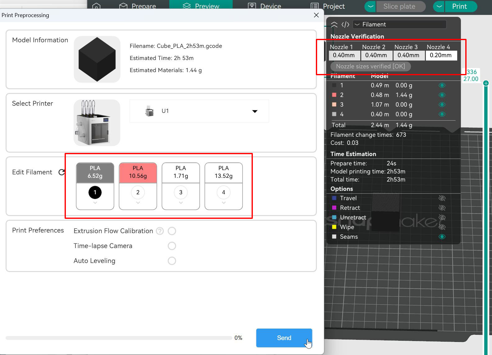 Verify filament assignment and send to print